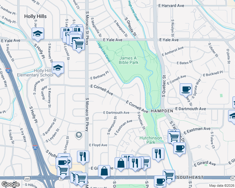 map of restaurants, bars, coffee shops, grocery stores, and more near 3001 South Newport Street in Denver