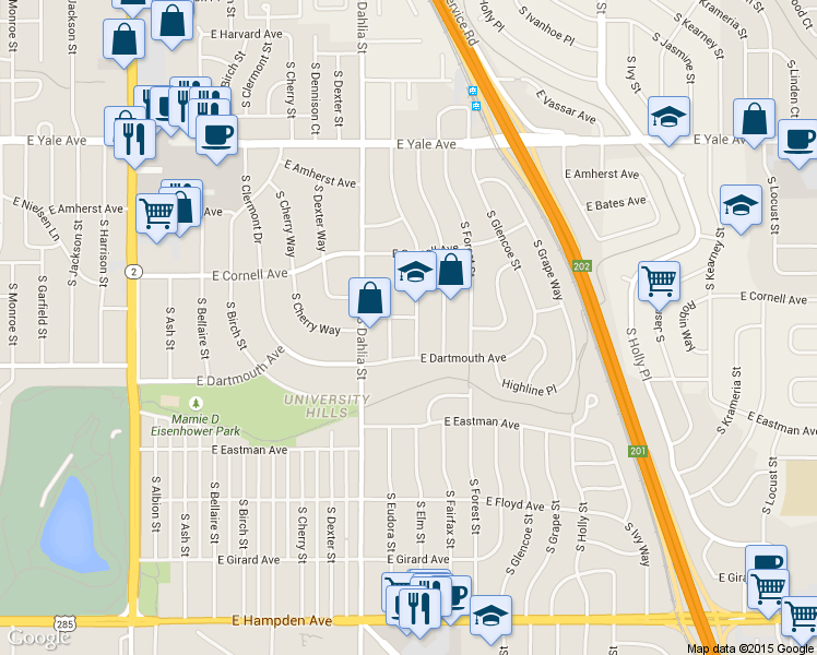map of restaurants, bars, coffee shops, grocery stores, and more near 3085 South Elm Street in Denver