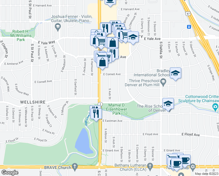 map of restaurants, bars, coffee shops, grocery stores, and more near 3051 South Bellaire Street in Denver