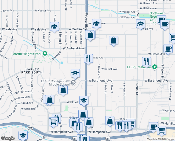 map of restaurants, bars, coffee shops, grocery stores, and more near in Denver