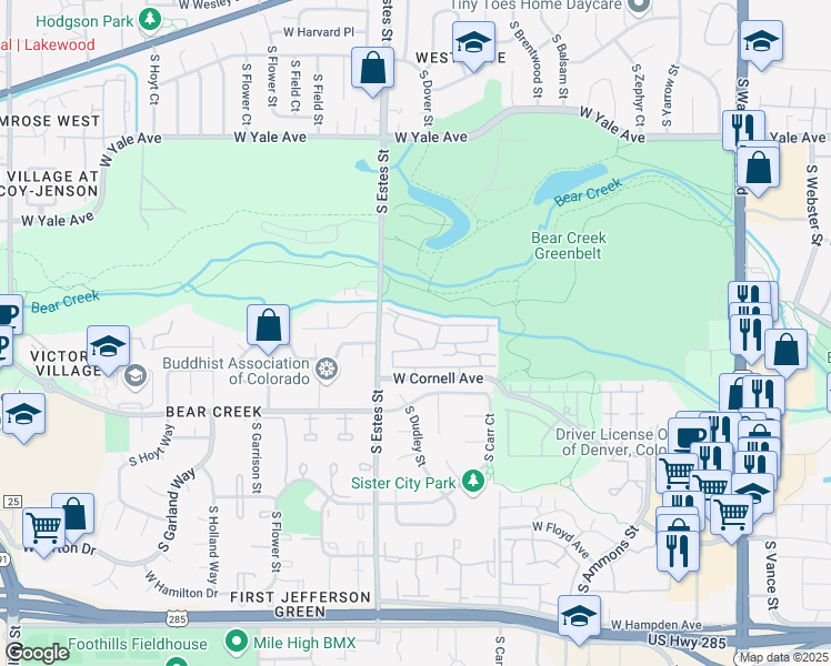 map of restaurants, bars, coffee shops, grocery stores, and more near 8763 West Cornell Avenue in Lakewood