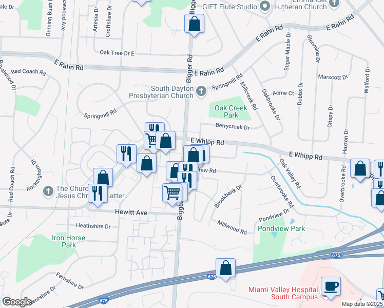 map of restaurants, bars, coffee shops, grocery stores, and more near 2205 Andrew Road in Dayton