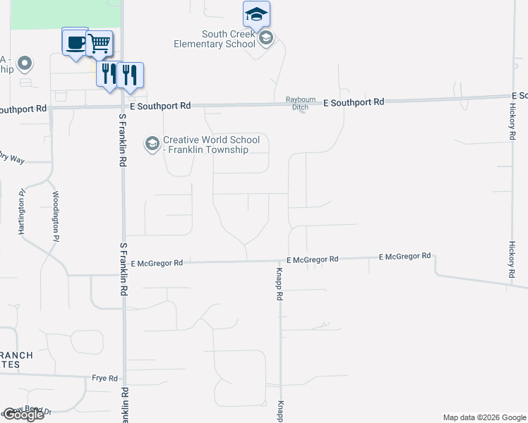 map of restaurants, bars, coffee shops, grocery stores, and more near 8750 East McGregor Road in Indianapolis