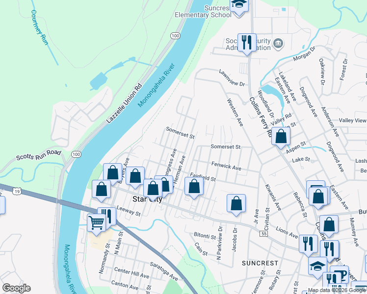 map of restaurants, bars, coffee shops, grocery stores, and more near 529-537 Herman Avenue in Star City