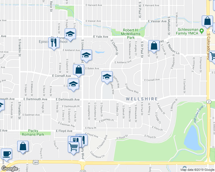 map of restaurants, bars, coffee shops, grocery stores, and more near 3000 South Clayton Street in Denver