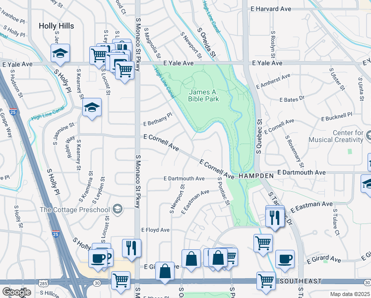 map of restaurants, bars, coffee shops, grocery stores, and more near 3001 South Newport Street in Denver
