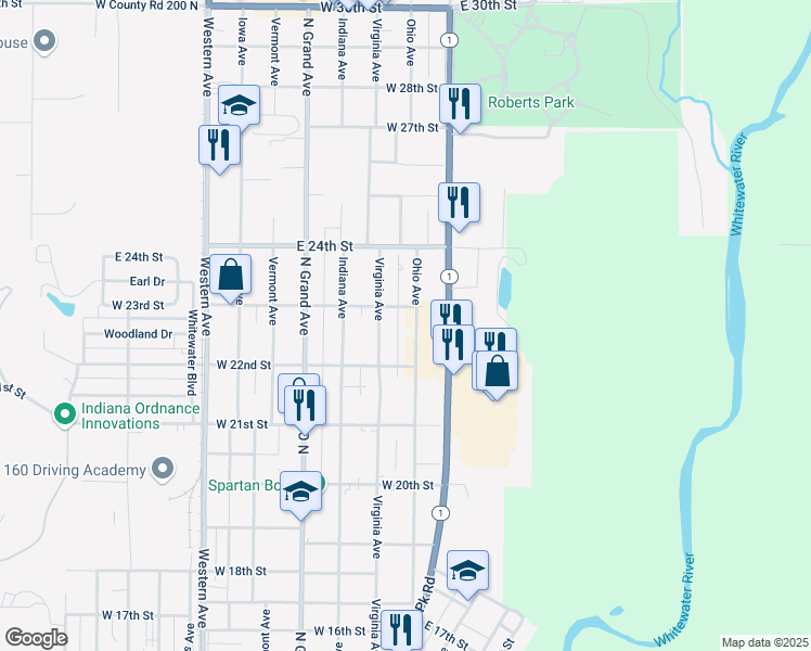 map of restaurants, bars, coffee shops, grocery stores, and more near 2213 Ohio Avenue in Connersville