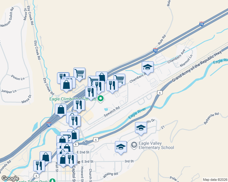 map of restaurants, bars, coffee shops, grocery stores, and more near 774 Chambers Avenue in Eagle