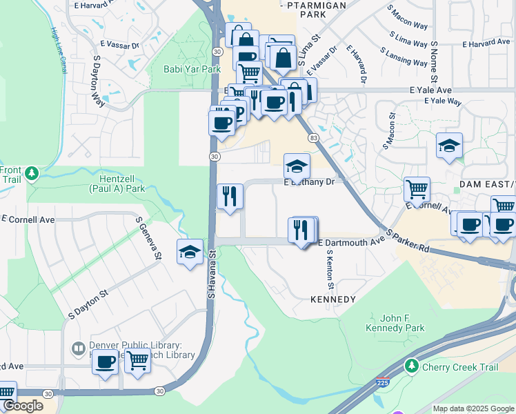 map of restaurants, bars, coffee shops, grocery stores, and more near 10650 East Bethany Drive in Aurora