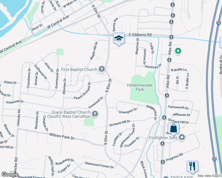 map of restaurants, bars, coffee shops, grocery stores, and more near 812 South Elm Street in West Carrollton