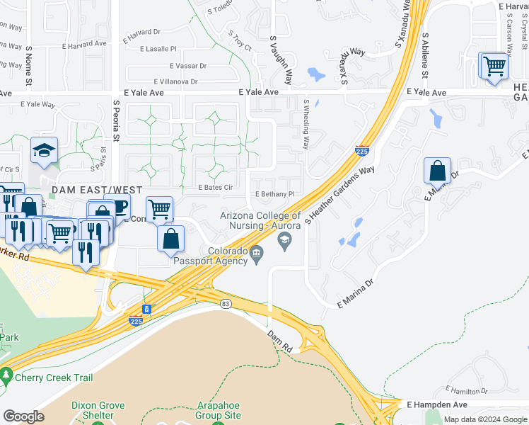 map of restaurants, bars, coffee shops, grocery stores, and more near 3083 South Ursula Circle in Aurora