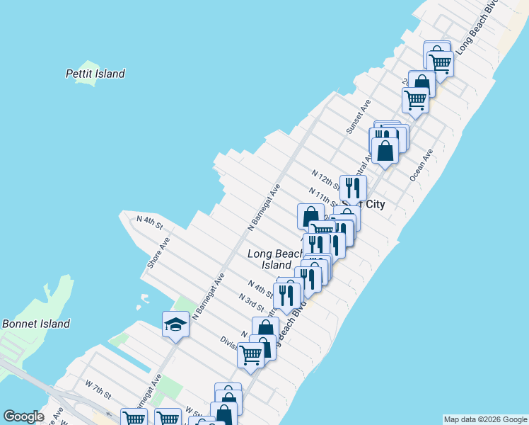 map of restaurants, bars, coffee shops, grocery stores, and more near 706 North Barnegat Avenue in Surf City