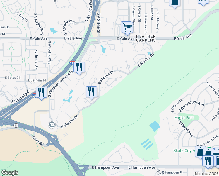 map of restaurants, bars, coffee shops, grocery stores, and more near 13850 East Marina Drive in Aurora