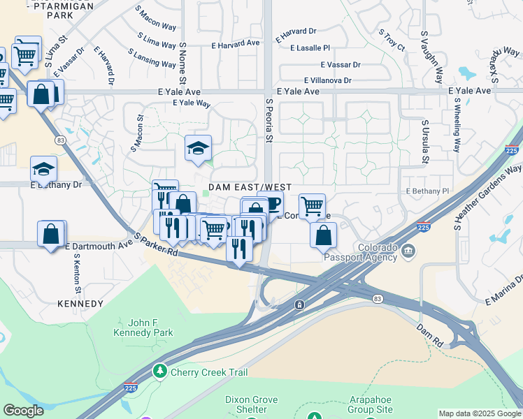map of restaurants, bars, coffee shops, grocery stores, and more near 3050 South Peoria Street in Aurora