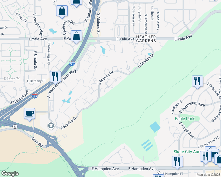 map of restaurants, bars, coffee shops, grocery stores, and more near 13850 East Marina Drive in Aurora