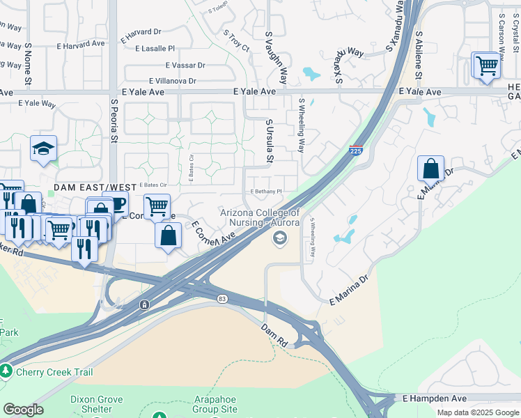 map of restaurants, bars, coffee shops, grocery stores, and more near 3083 South Ursula Circle in Aurora