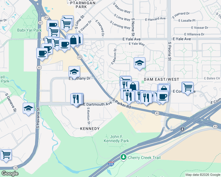 map of restaurants, bars, coffee shops, grocery stores, and more near 3087 South Macon Circle in Aurora