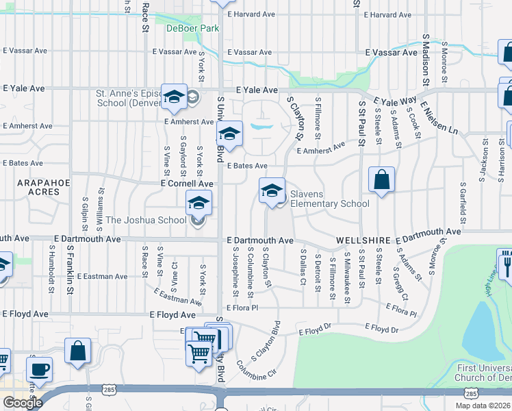 map of restaurants, bars, coffee shops, grocery stores, and more near 3055 South Clayton Street in Denver