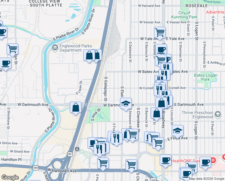 map of restaurants, bars, coffee shops, grocery stores, and more near 3036 South Galapago Street in Englewood