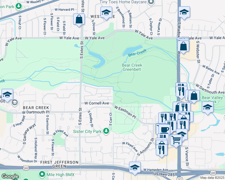 map of restaurants, bars, coffee shops, grocery stores, and more near 8753 West Cornell Avenue in Lakewood