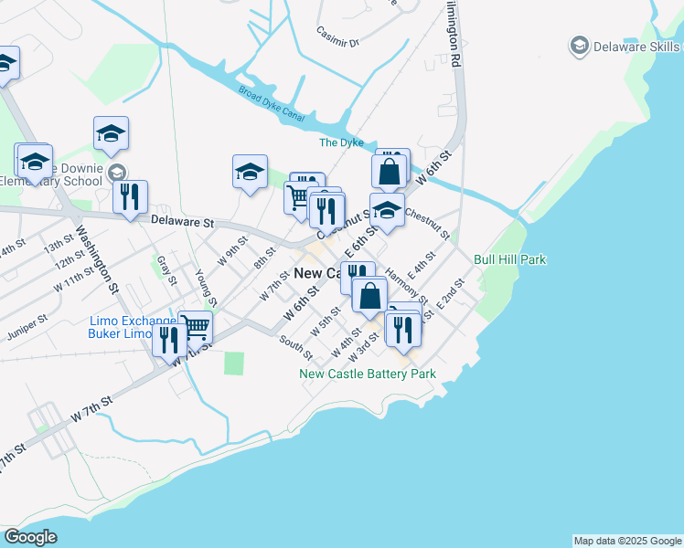 map of restaurants, bars, coffee shops, grocery stores, and more near in New Castle