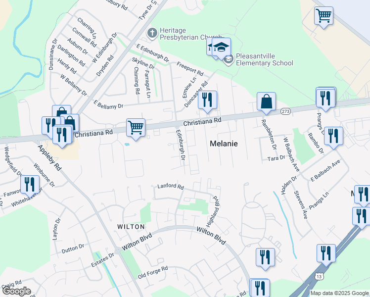 map of restaurants, bars, coffee shops, grocery stores, and more near 54 Mackenzie Court in New Castle