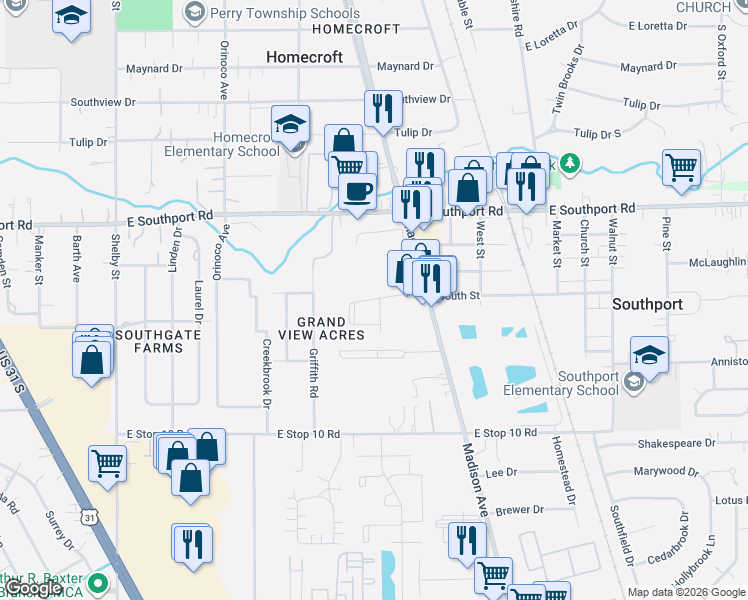map of restaurants, bars, coffee shops, grocery stores, and more near 4200 South East Street in Indianapolis