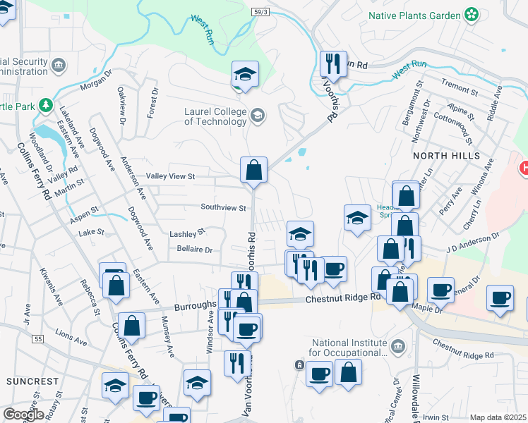 map of restaurants, bars, coffee shops, grocery stores, and more near 1226 Van Voorhis Road in Morgantown