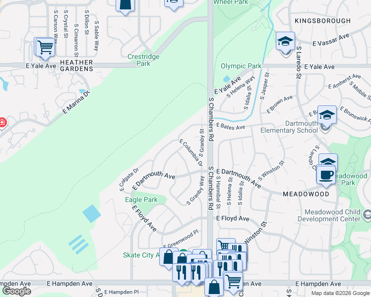 map of restaurants, bars, coffee shops, grocery stores, and more near 3033 South Fraser Street in Aurora