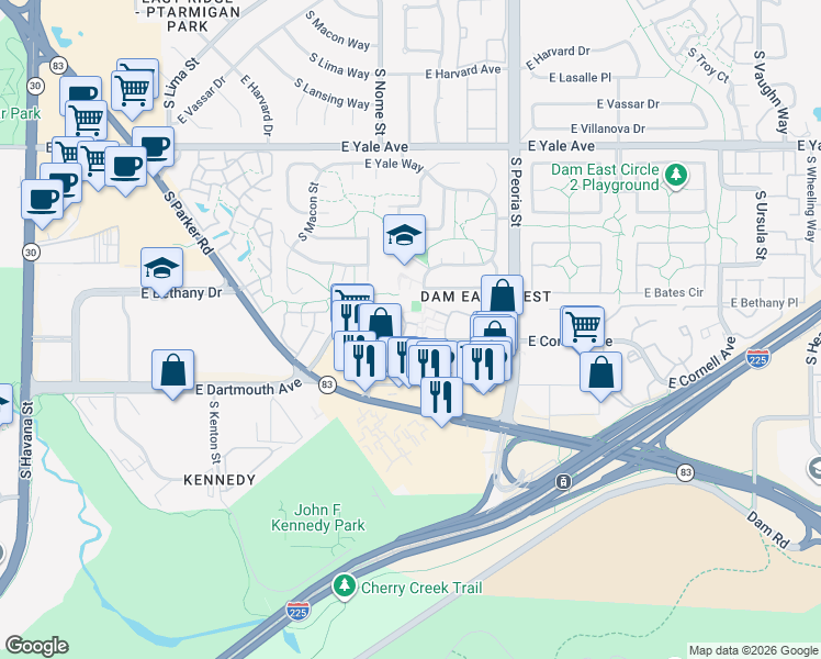 map of restaurants, bars, coffee shops, grocery stores, and more near 11791 East Cornell Circle in Aurora