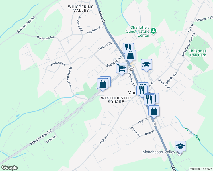 map of restaurants, bars, coffee shops, grocery stores, and more near 3004 Manchester Road in Manchester