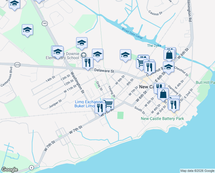map of restaurants, bars, coffee shops, grocery stores, and more near 204 West 9th Street in New Castle