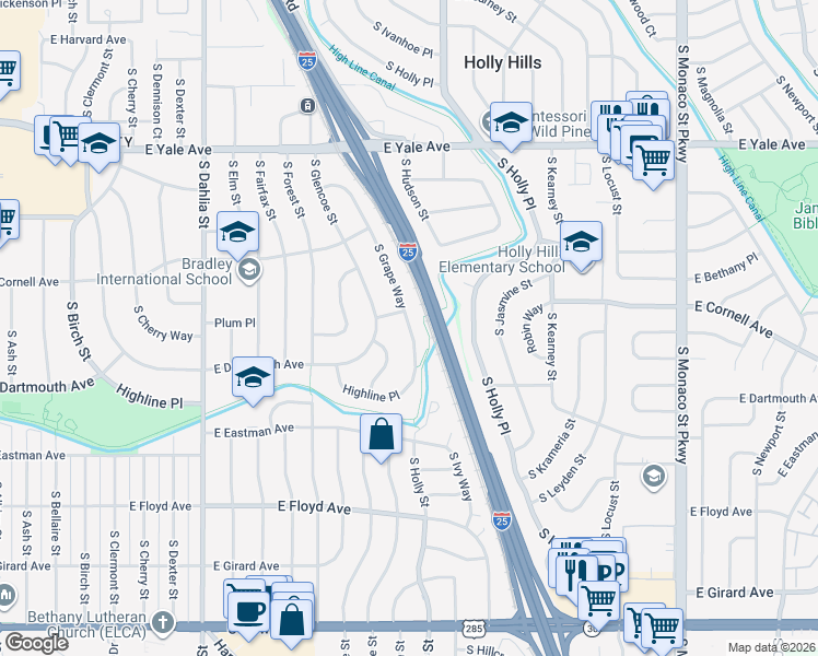 map of restaurants, bars, coffee shops, grocery stores, and more near 3087 South Grape Way in Denver