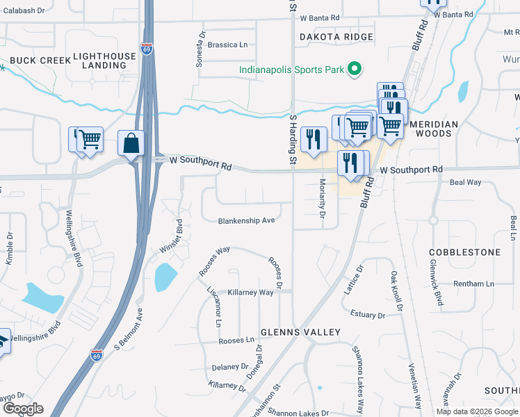 map of restaurants, bars, coffee shops, grocery stores, and more near 1620 Blankenship Drive in Indianapolis