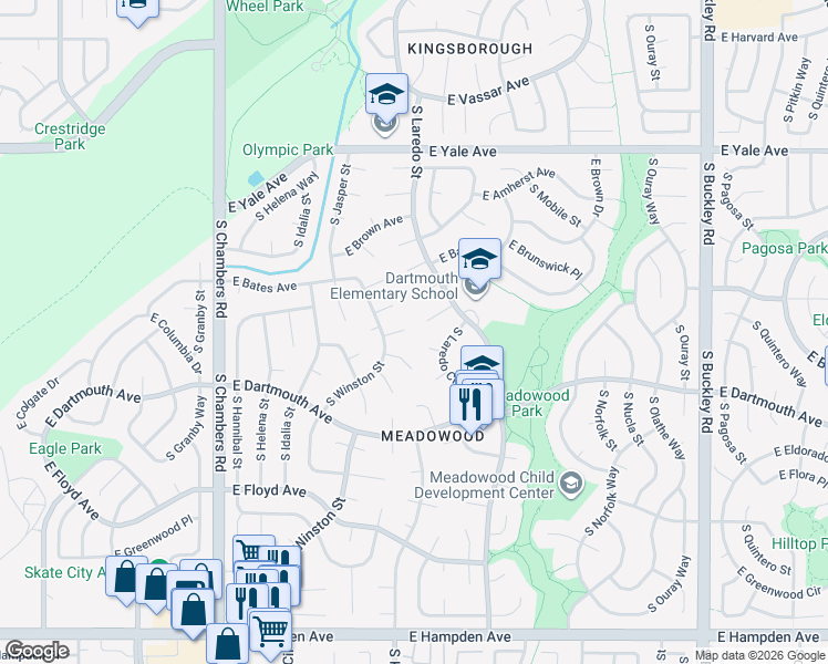 map of restaurants, bars, coffee shops, grocery stores, and more near 3023 South Laredo Circle in Aurora