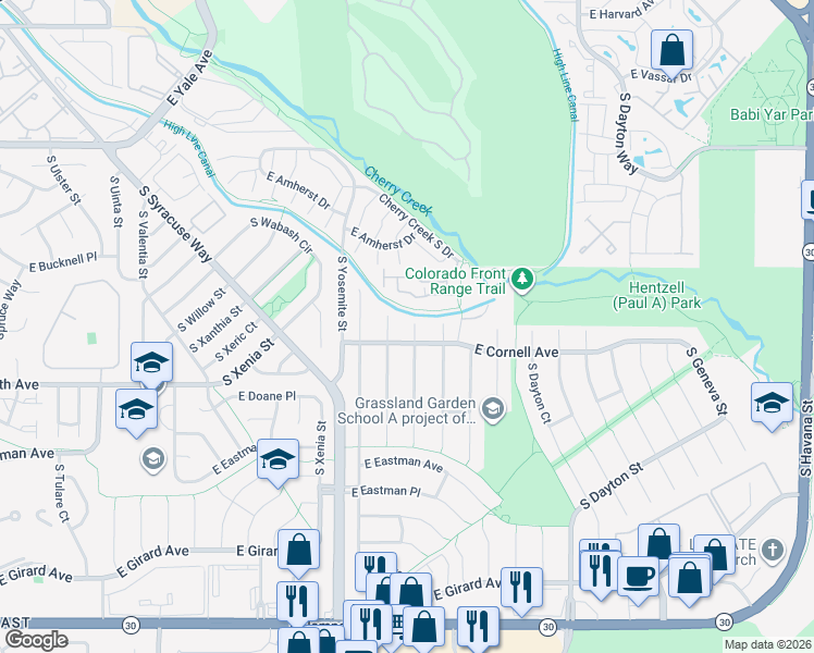 map of restaurants, bars, coffee shops, grocery stores, and more near 3026 South Alton Court in Denver