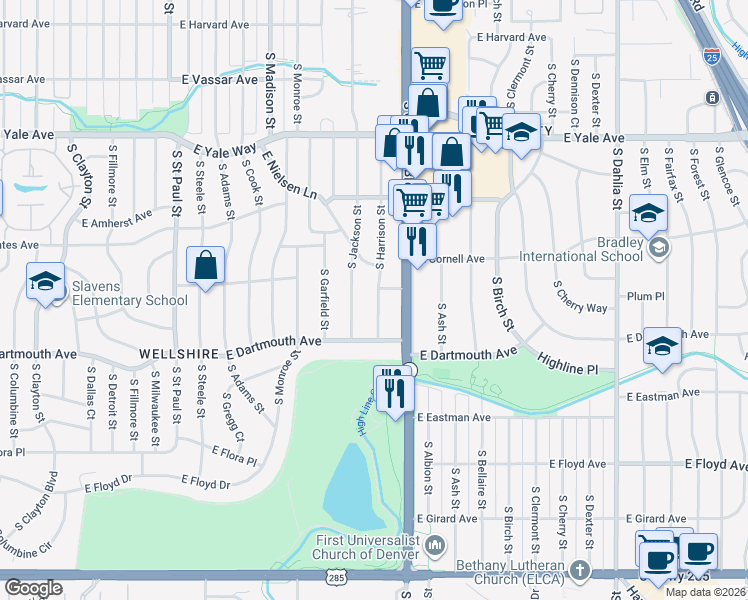 map of restaurants, bars, coffee shops, grocery stores, and more near 3072 South Harrison Street in Denver