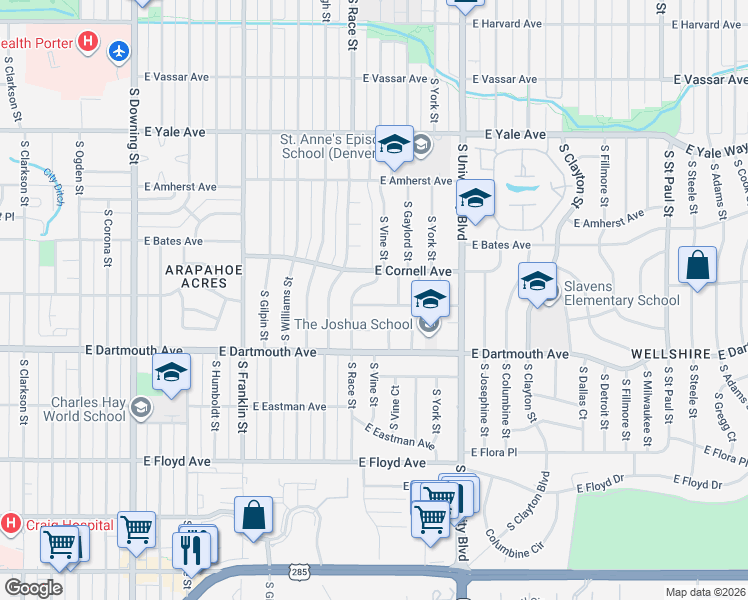 map of restaurants, bars, coffee shops, grocery stores, and more near 2115 East Dartmouth Circle in Englewood