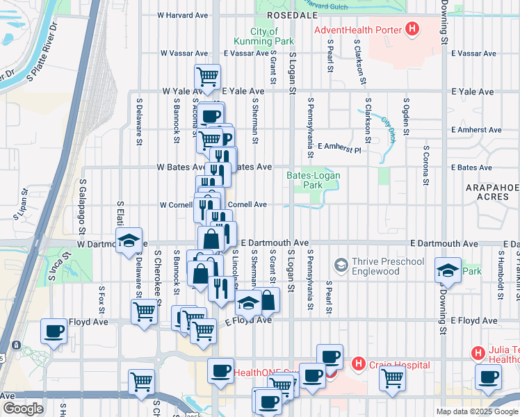 map of restaurants, bars, coffee shops, grocery stores, and more near 3026 South Sherman Street in Englewood