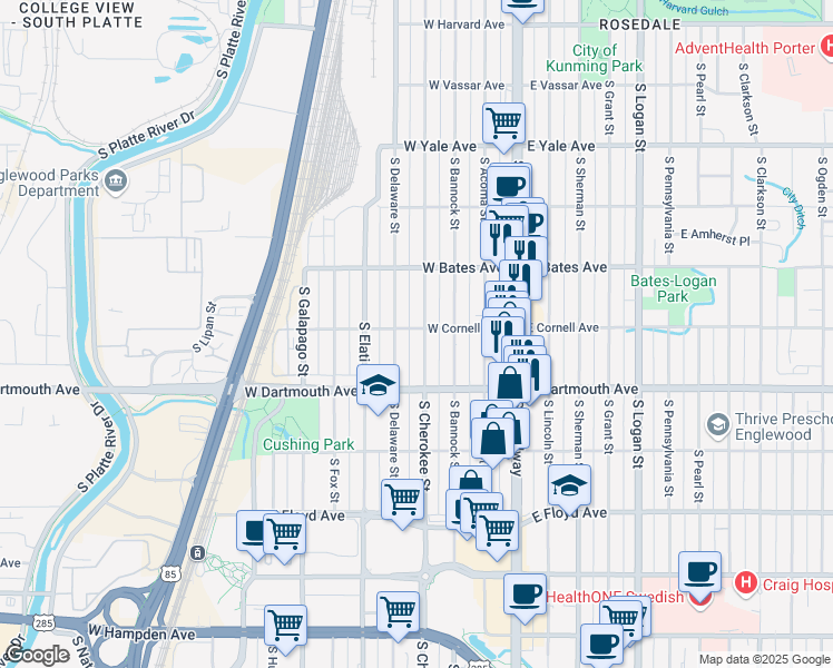 map of restaurants, bars, coffee shops, grocery stores, and more near 3048 South Cherokee Street in Englewood