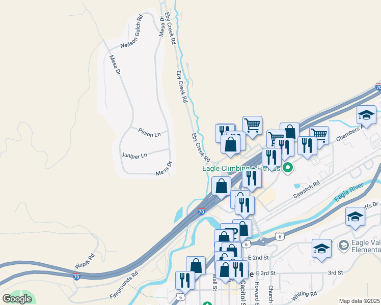 map of restaurants, bars, coffee shops, grocery stores, and more near 85 Pond Rd in Eagle