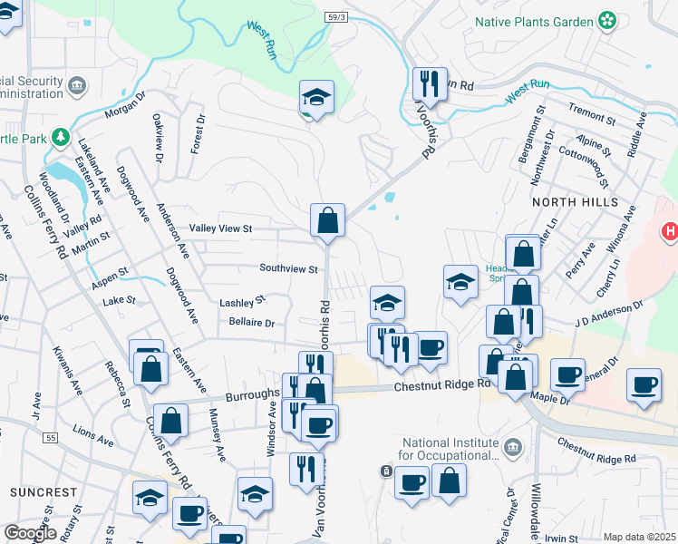 map of restaurants, bars, coffee shops, grocery stores, and more near 1232 Van Voorhis Road in Morgantown