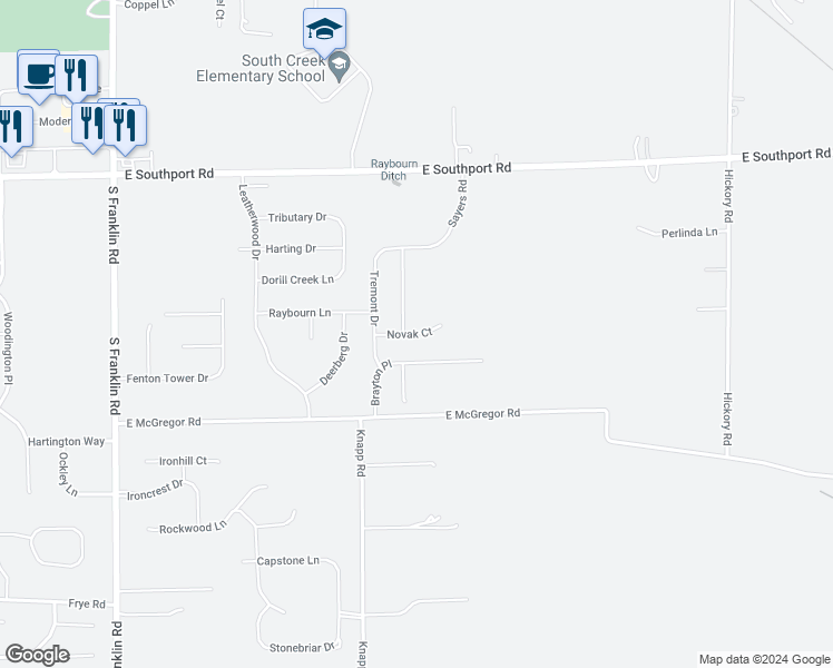 map of restaurants, bars, coffee shops, grocery stores, and more near 9142 East McGregor Road in Indianapolis