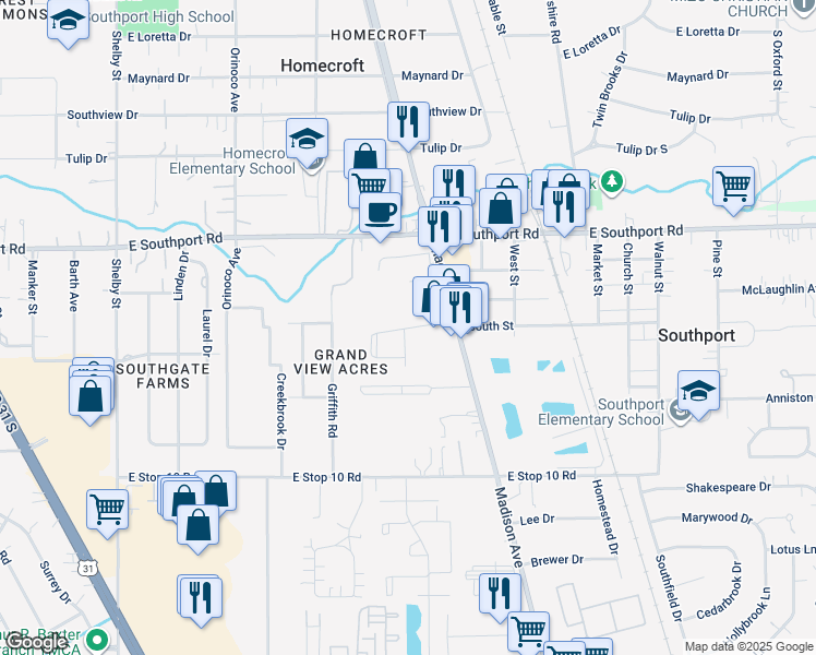 map of restaurants, bars, coffee shops, grocery stores, and more near 1822 Madison Village Drive in Indianapolis