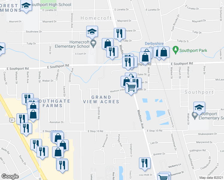map of restaurants, bars, coffee shops, grocery stores, and more near 1822 Madison Village Drive in Indianapolis