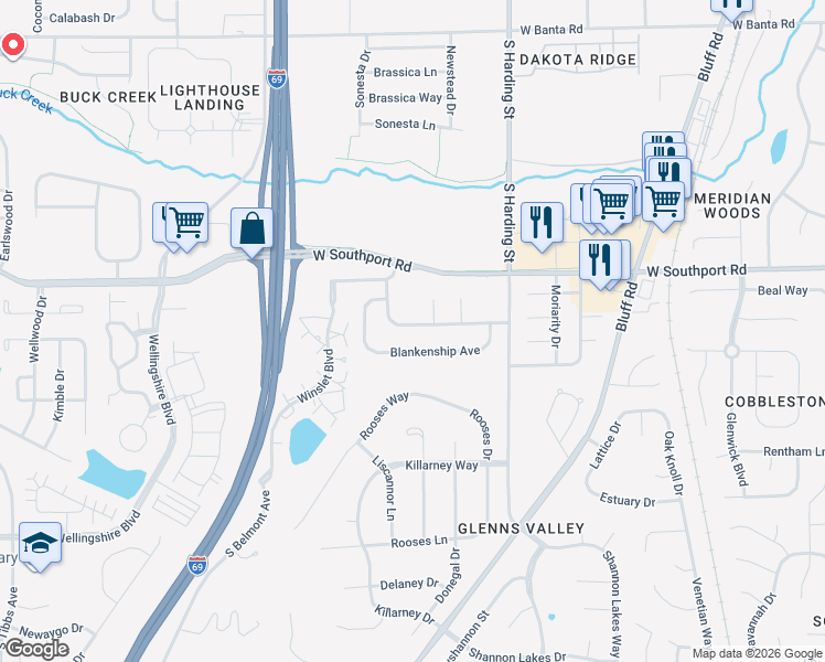 map of restaurants, bars, coffee shops, grocery stores, and more near 1806 Blankenship Drive in Indianapolis
