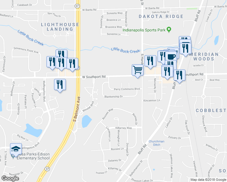 map of restaurants, bars, coffee shops, grocery stores, and more near 1806 Blankenship Drive in Indianapolis