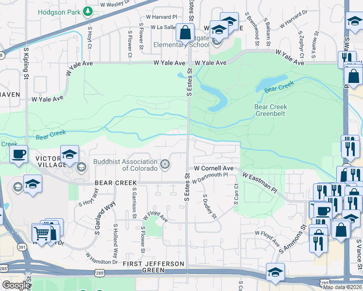 map of restaurants, bars, coffee shops, grocery stores, and more near 8830 West Bear Creek Drive in Lakewood