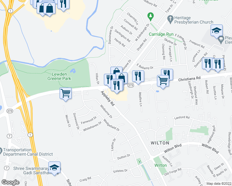 map of restaurants, bars, coffee shops, grocery stores, and more near 287 Christiana Road in New Castle