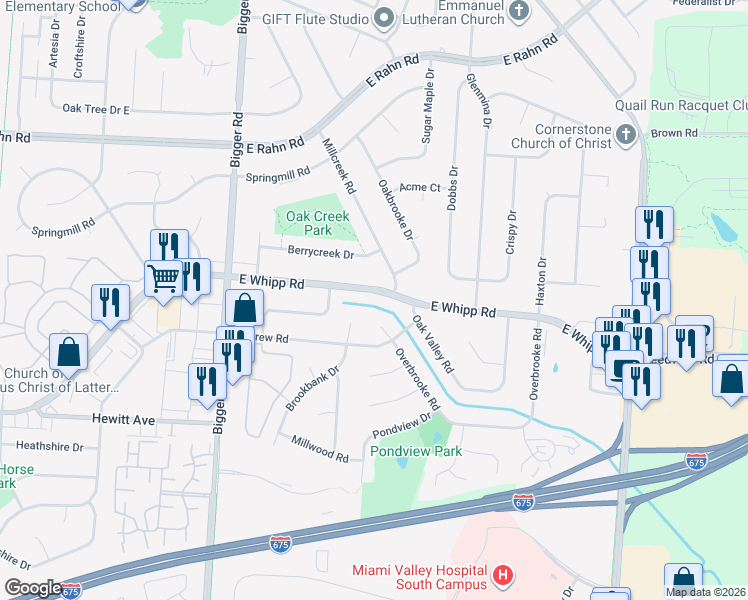 map of restaurants, bars, coffee shops, grocery stores, and more near 5562 Overbrooke Road in Dayton